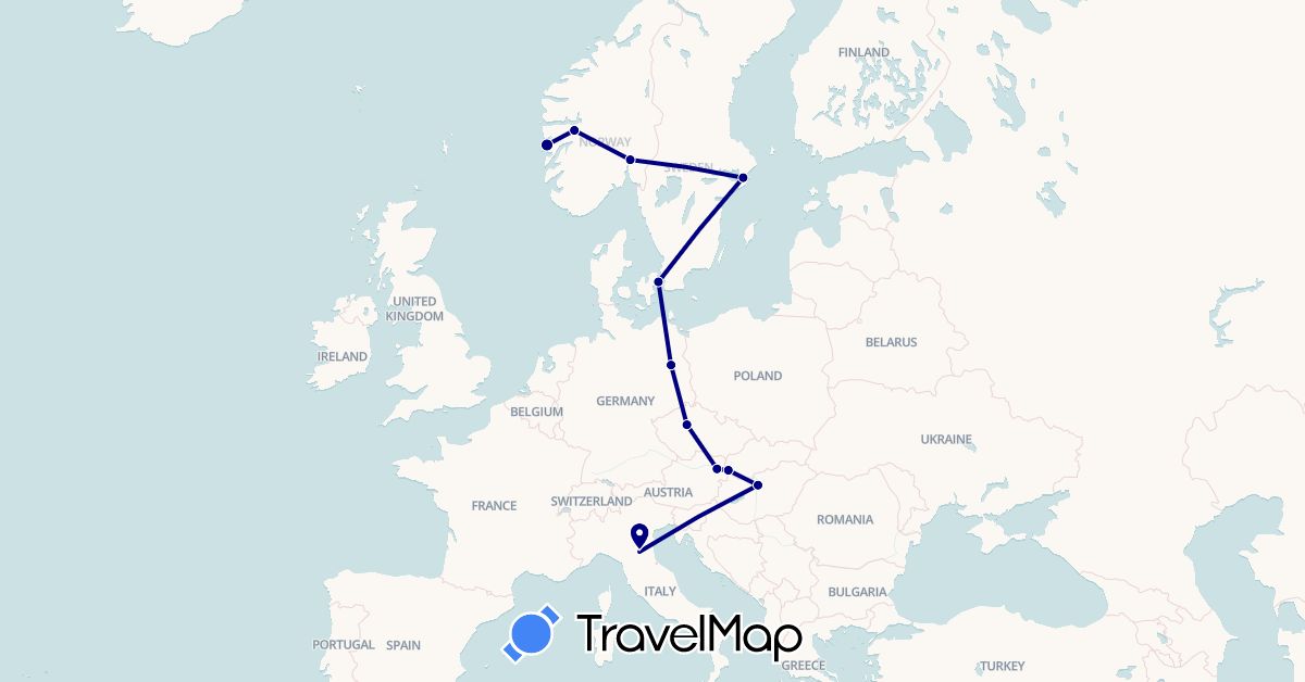 TravelMap itinerary: driving in Austria, Czech Republic, Germany, Denmark, Hungary, Italy, Norway, Sweden, Slovakia (Europe)